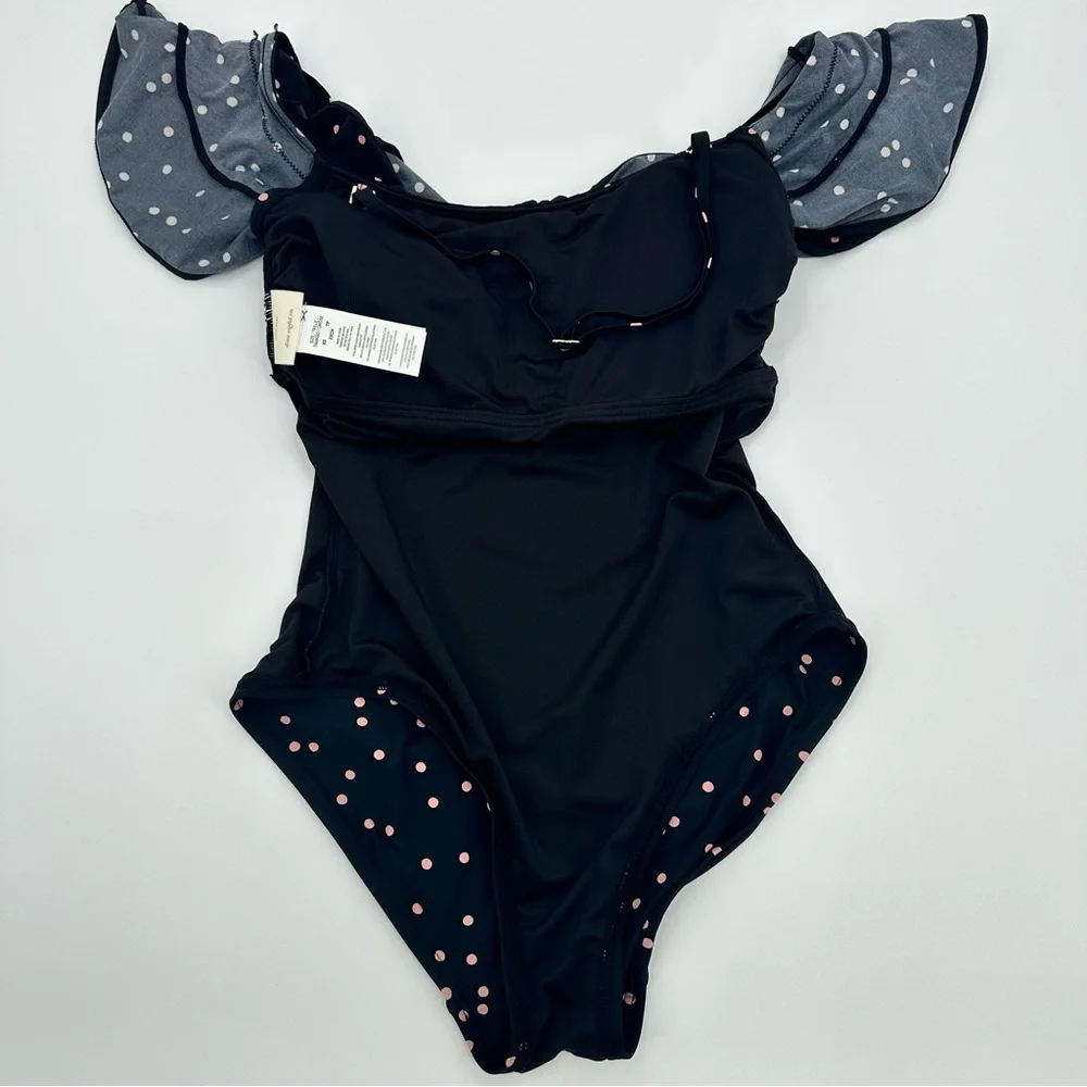 Kate Spade Polka Dot One-Piece Swimsuit With‎ Ruffle Off-Shoulder Design Size XS